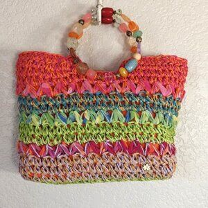 Cappelli Handbag Straworld Straw Satchel Beaded Handle Multicolored